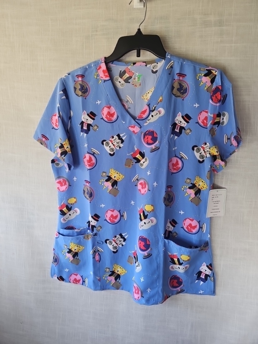 Women's Green Town V-Neck "Around the World" Scrub Top W/ Pockets-Size: Large
